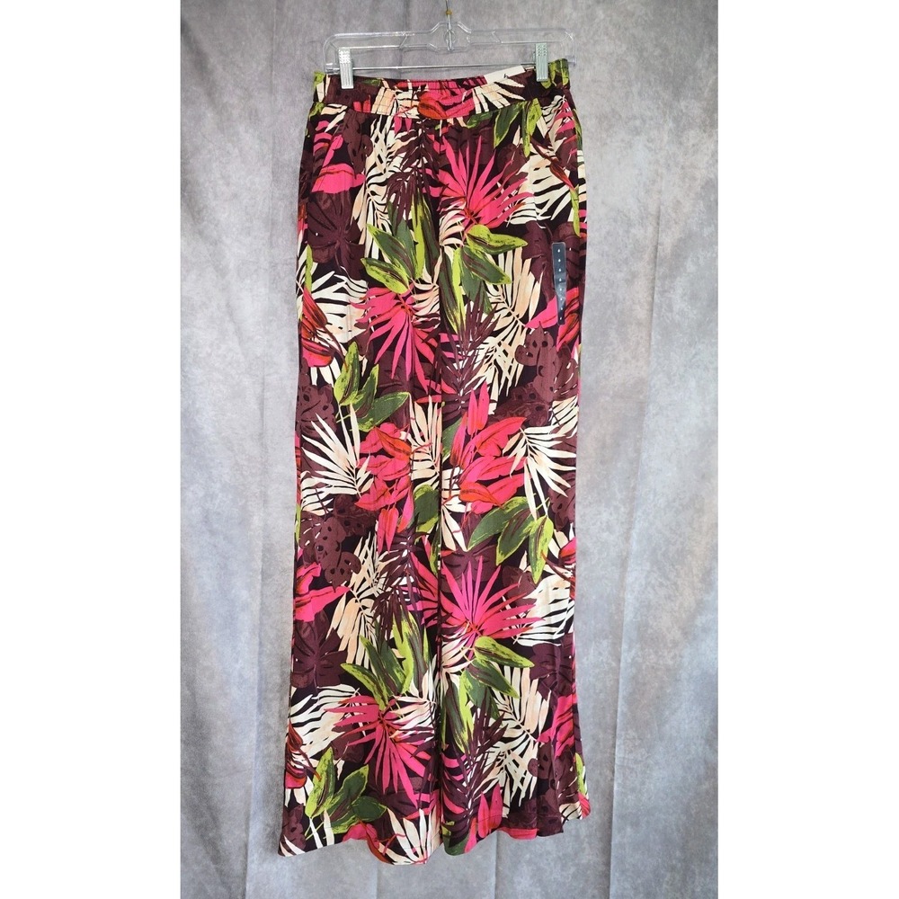 Lands' End Women Viscose High Rise Wide Leg Pants Rich Burgundy Tropical Palm 6